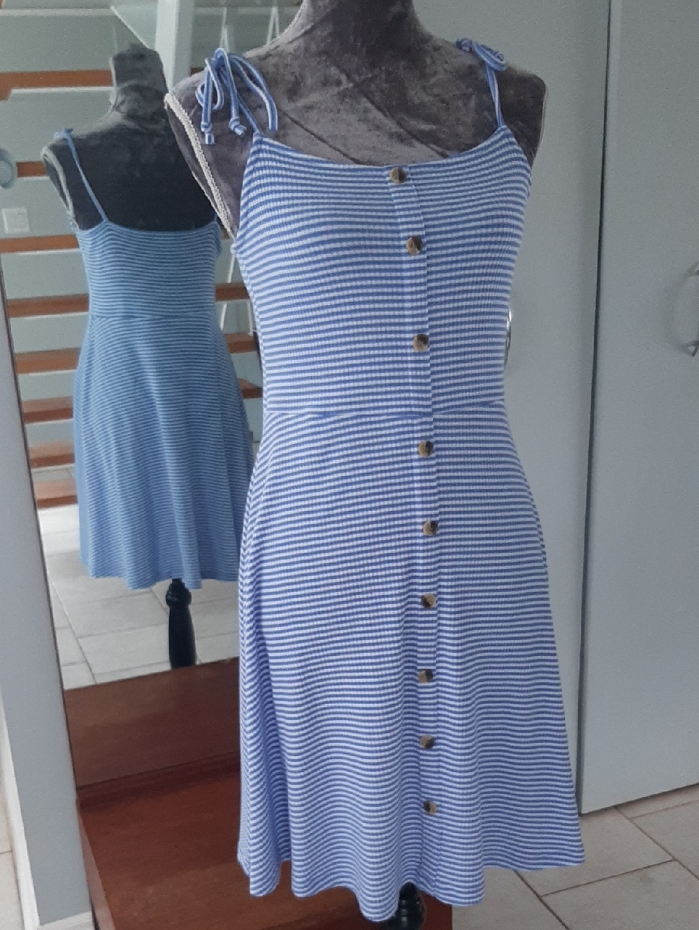 Ardene💙CUTE NWOT Blue & White Striped Tie-Shoulder SKATER Dress Fits Sz S/M